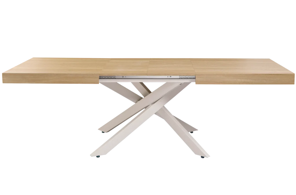 Mesa comedor extensible roble natural con patas metálicas blancas — vista principal